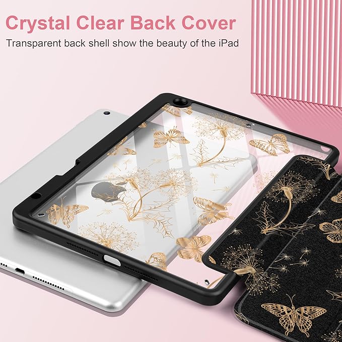 MEEgoodo Case for iPad 10.2 inchTablet Cases for iPad 9th Generation 2021/8th Gen 2020/7th Gen 2019 with Clear Acrylic Back Shell+Pencil Holder+Auto Wake/Sleep+Trifold StandButterflies &amp Dandeli