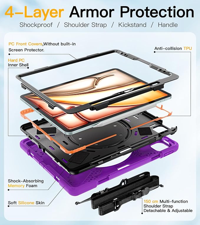 BRAECN Case for iPad Air 13 Inch M4 2026/M3 2025/M2 2024 &amp iPad Pro 12.9 6th/5th/4th/3rd Gen: Military Grade Silicone Protective Cover with Pencil Holder Kickstand Handle Shoulder Strap Purple