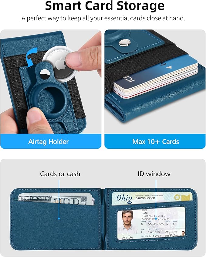 for Magsafe Wallet Stand with Airtag Holder Strongest Magnetic Wallet for iPhone 17/16/15/14/13/12 Series ID Window 4 Card Slots 10 Cards Holder Vegan Leather RFID Blocking Dark Blue