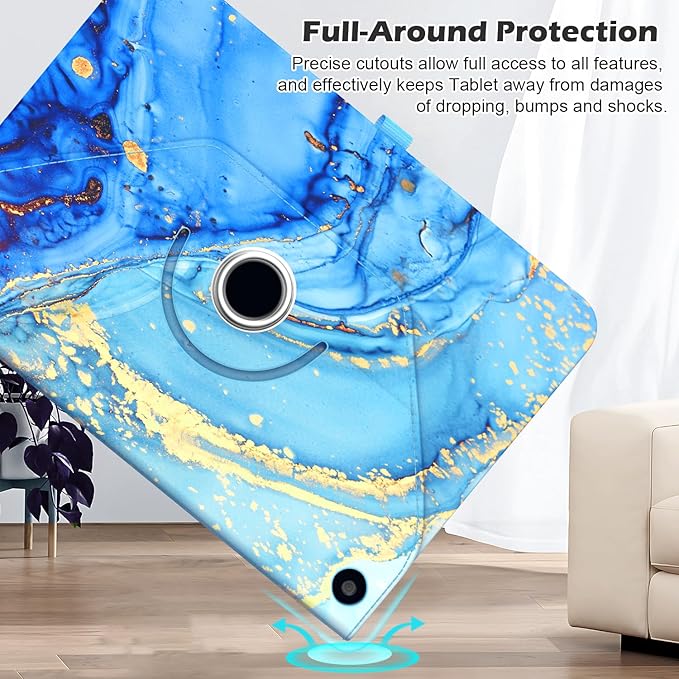 Case for Fire HD 10 Tablet (13th/ 11th Generation 2023/2021 Released) 360 Degree Rotating Stand PU Leather Cover with Pencil Holder Auto Sleep/Wake for HD 10/10 Plus Marble Blue