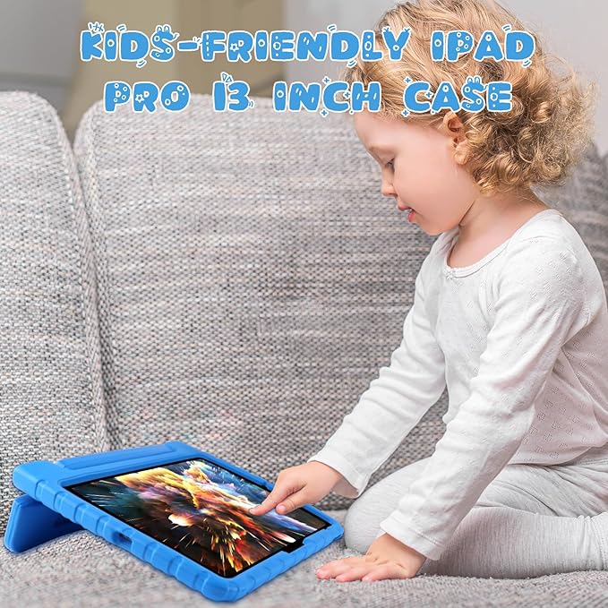 for iPad Pro 13 inch Case 2024 Shockproof Kids iPad 13 Pro Case Protective Cover for iPad Pro 13 M4 with Pencil Holder Anti-Slip Handle Stand Blue