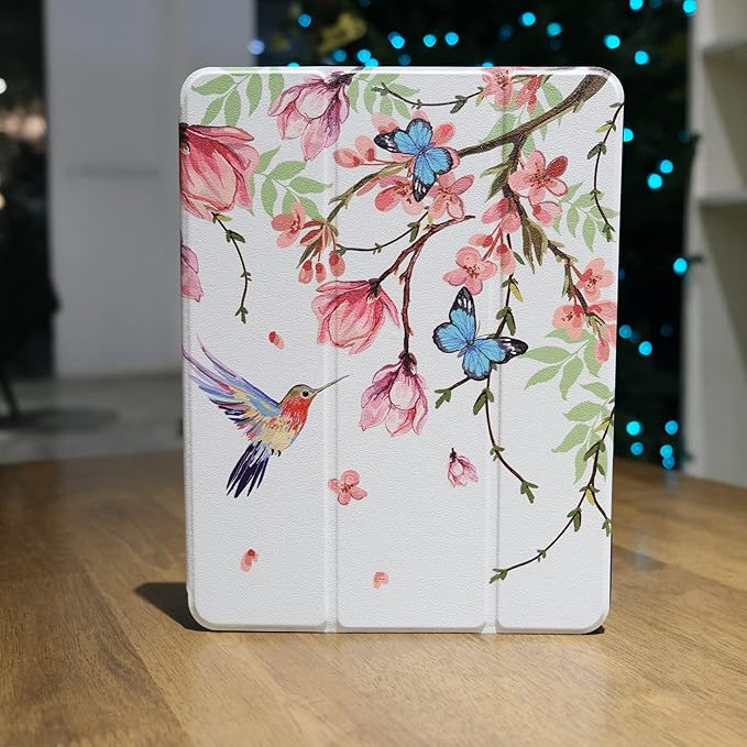 MEEgoodo for iPad Pro M2 12.9 Case 6th/5th/4th/3rd Generation 2022 2021 2020 2018 with Pencil Holder Tablet Cover with Soft TPU Back Shell Birds &amp Flowers