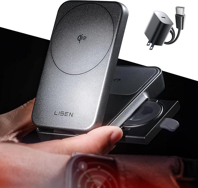 LISEN for iPhone 17 Pro Max 15W magsafe Fast Charger 3-in-1 Charging Station Qi2 Certified Foldable Magsafe Charger Stand for Apple Multiple DevicesWireless NightstandAirPodsApple Watch