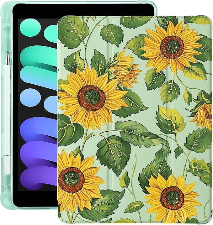 Cute Sunflower Floral for iPad Pro 11 Inch Case (M5/M4) 2025/2024 with Pencil Holder Auto Sleep/Wake Green Leather Soft TPU Back Cover