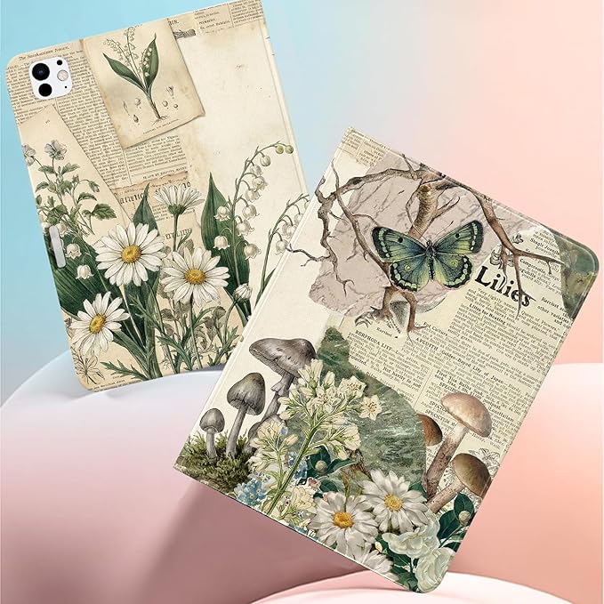 Cute Case for iPad mini 7th(A17 Pro) 2024 / Mini 6th Gen 8.3 2021Botanical Collage Textured Folio Case with Pencil Holder Multi-Angle View Adjustable Stand Auto Wake/Sleep for Women
