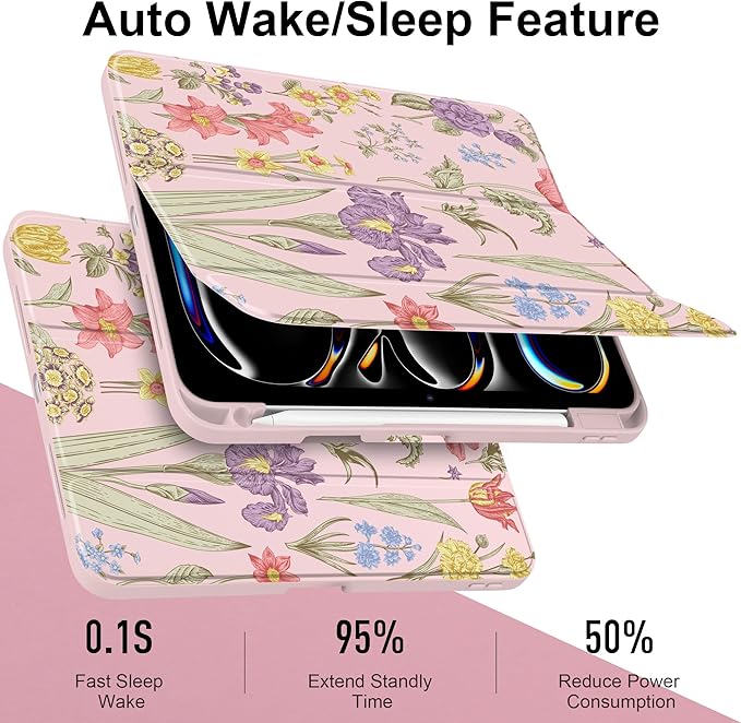 DONGKE for iPad Pro 11-Inch Case (M5 2025 / M4 2024) 6th/5th Generation [Auto Sleep/Wake &amp Pencil Pro Holder] Clear Acrylic Back Smart Trifold Stand Cover Pink Botanical Floral