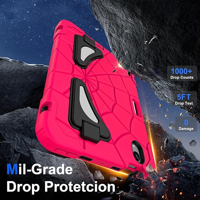Kids Case for iPad mini 7 A17 Pro 2024/ Mini 6 8.3 inch Spider Case for iPad mini 7th 6th Generation Shockproof Durable Full Protective Cover with Pencil Holder Kickstand (Rose red+Black)