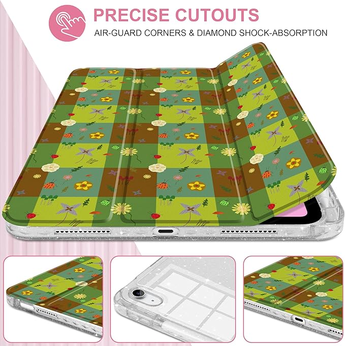 MEEgoodo Case for iPad A16 11th Generation 2025/10th Generation 2022 Glitter Tablet Cases with Transparent Acrylic Back+Trifold Stand +Pencil Holder+Auto Wake/SleepGreen Checkered &amp Nature Patte