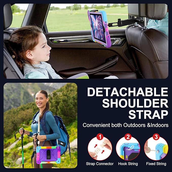 for iPad 9th/8th/7th Generation CaseiPad 10.2 Case 2021/2020/2019 with Cute Key Chain Rugged Protective Case with 360°Rotating Stand &amp Shoulder Hand Strap &amp Pen Slot for 10.2 Inch (Rainbow