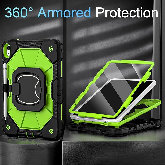 Case for iPad (A16) 11th Generation 11 Inch (2025) /iPad 10th Generation 10.9 Inch (2022) with Rotating Stand Screen ProtectorHeavy Duty Shockproof Cover for i Pad 10th Gen CaseBlack Green