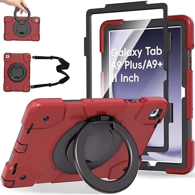 Case for Samsung Galaxy Tab A9+/A9 Plus Case 11 Inch with Screen Protector/360° Rotating Stand/Pen Holder/Shoulder Strap Shockproof Cover for Tablet A9+ 5g (Red+Black)