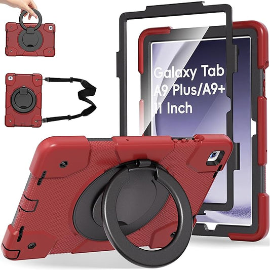 Case for Samsung Galaxy Tab A9+/A9 Plus Case 11 Inch with Screen Protector/360° Rotating Stand/Pen Holder/Shoulder Strap Shockproof Cover for Tablet A9+ 5g (Red+Black)