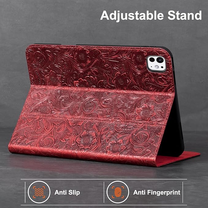 Gexmil Case for iPad Pro 11 Inch4th/3rd/2nd/1st Generation(2022/2021/2020/2018) Genuine Leather Cover Anti FingerprintCowhide Folio Cover Auto Sleep/Wake with Adjustable StandFloral Red