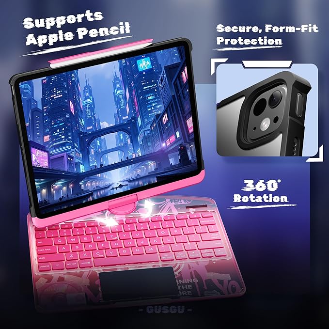 KITONE Transparent Case with Wireless Keyboard for iPad 11th Gen 11-in.(A16 2025) 2022 iPad 10th Gen 10.9-in 7 Colors Backlight Trackpad 360°Rotating Stand Tech Style