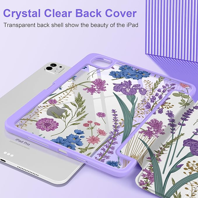 DONGKE for iPad Pro 11-Inch Case (M5 2025 / M4 2024) 6th/5th Generation [Auto Sleep/Wake &amp Pencil Pro Holder] Clear Acrylic Back Smart Trifold Stand Cover Purple Botanical Wildflower