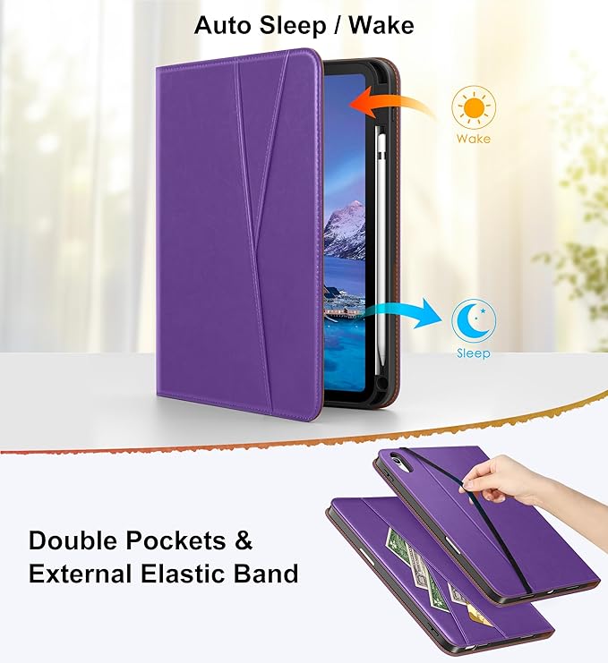 DTTO for iPad A16 Case iPad 11th / 10th Generation Case (2025/2022) 360 Degree Rotating Premium Leather Folio Stand Cover with Pencil Holder Light Purple