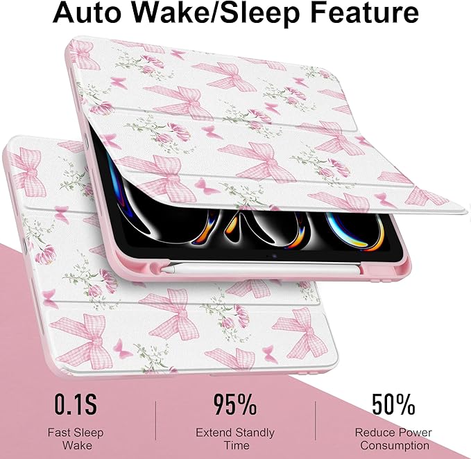 TWOLSKOO Case for iPad Pro 11-inch (M5 2025 / M4 2024) Clear Acrylic Back with TPU Bumper Pencil Holder Trifold Stand Auto Sleep/Wake Pink Gingham Bows