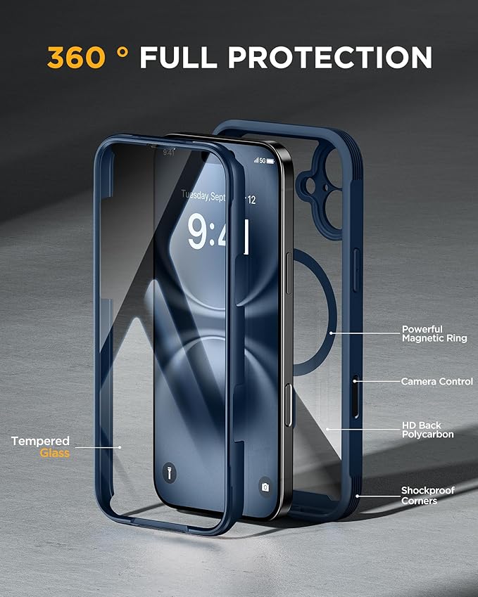 Miracase Magnetic for iPhone 16 Plus Case Full-Body Phone with Built-in Glass Screen Protector [Compatible with MagSafe] Military Drop Proof 16 Plus Cover Bumper Storm Blue