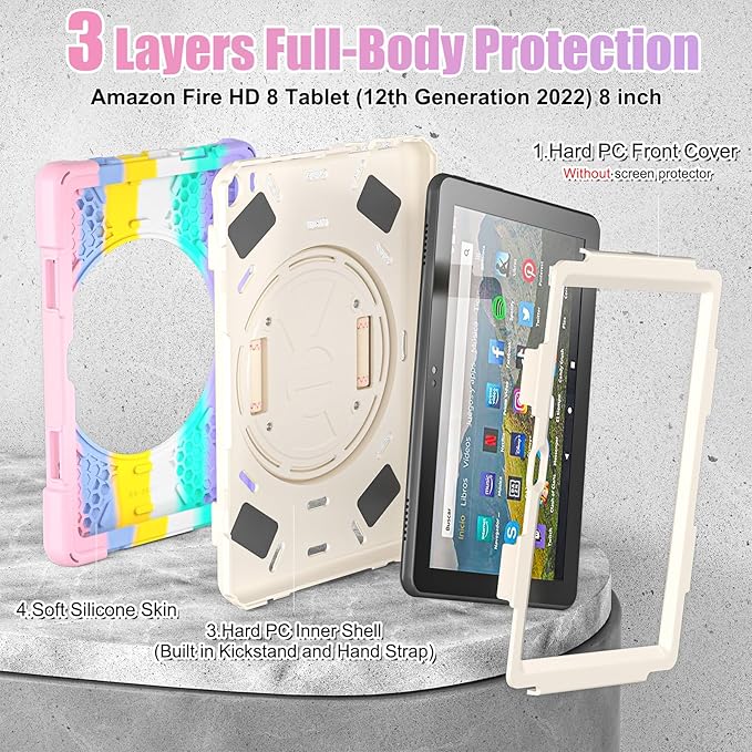 BRAECNstock Kids Case for Amazon Fire HD 8 Tablet 12th Generation 2024/2022 8 inch with Rotating Hand Strap + Stand Shouler Strap Pen Holder Shockproof Protective Kindle Fire HD 8 Case - Colorful Pink