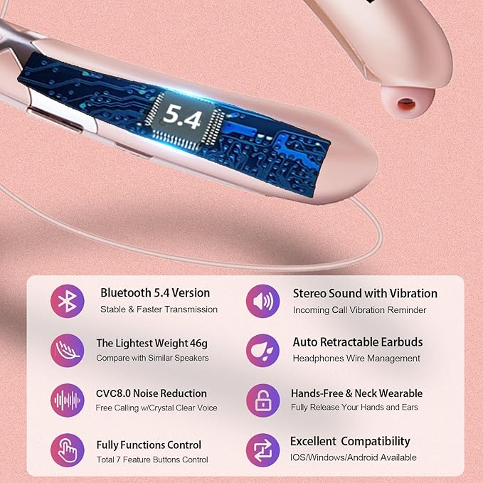 Neckband Bluetooth Headphones Bluetooth 5.4 Wireless Headphone with Retractable EarbudCVC8.0 Noise Cancelling 16Hrs Playtime Around The Neck Headphones Stereo Headset for Music Conference Videos