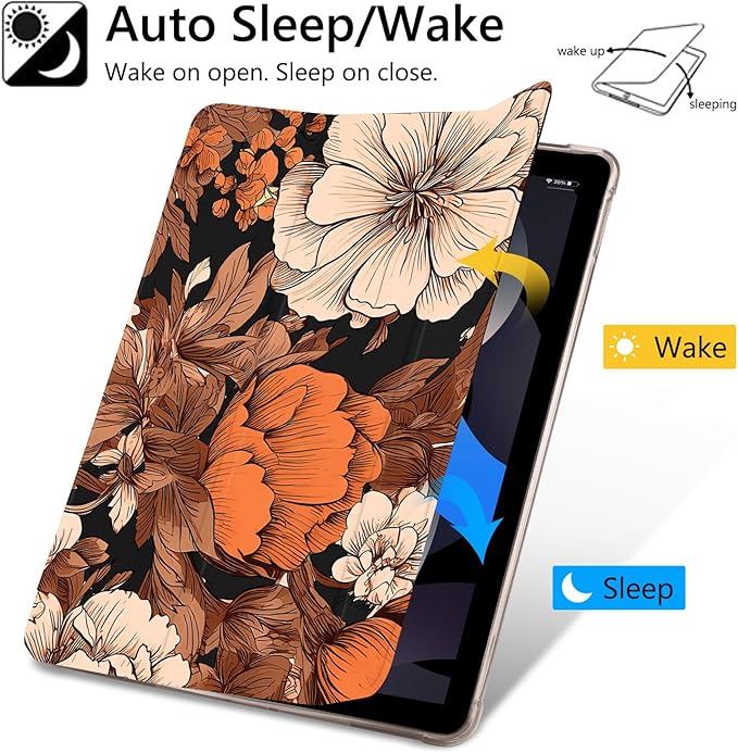 JOYLAND Elegant Flower Printed Case for iPad Air 11 Inch M3(2025) / M2(2024) iPad Air 5th(2022) / 4th (2020) Gen 10.9 Inch Pencil Holder &amp Clear Transparent Back &amp Trifold Smart Black Cover