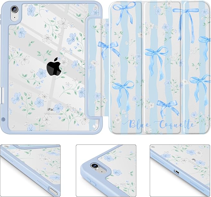 May Chen for iPad Air 11-inch M4/M3/M2 (2026/2025/2024) iPad Air 5th/4th 10.9 Inch - Shockproof Cover with Clear Back Shell &amp Penceil Holder Auto Wake/Sleep Stand Cover Flower Blue Waves