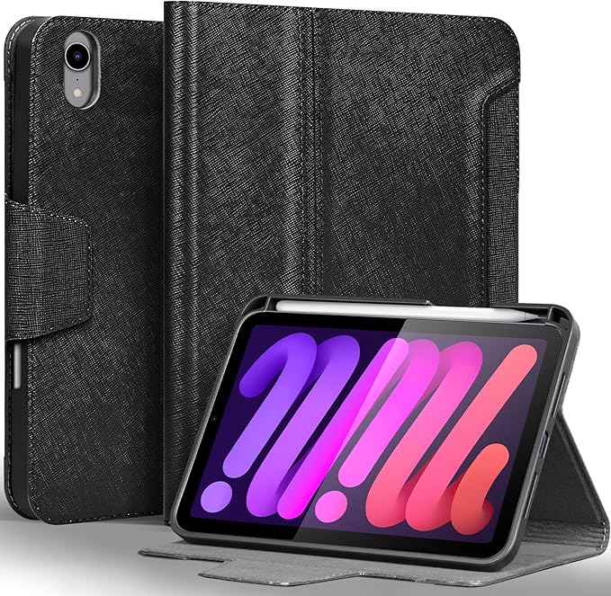 Gexmil Premium Leather Case for iPad mini 7 (A17 Pro) 2024 / iPad mini 6 Generation 2021 8.3 InchPencil Holder Magnetic ClosureShockproof Cowhide CoverAdjustable StandPalm-Print Black