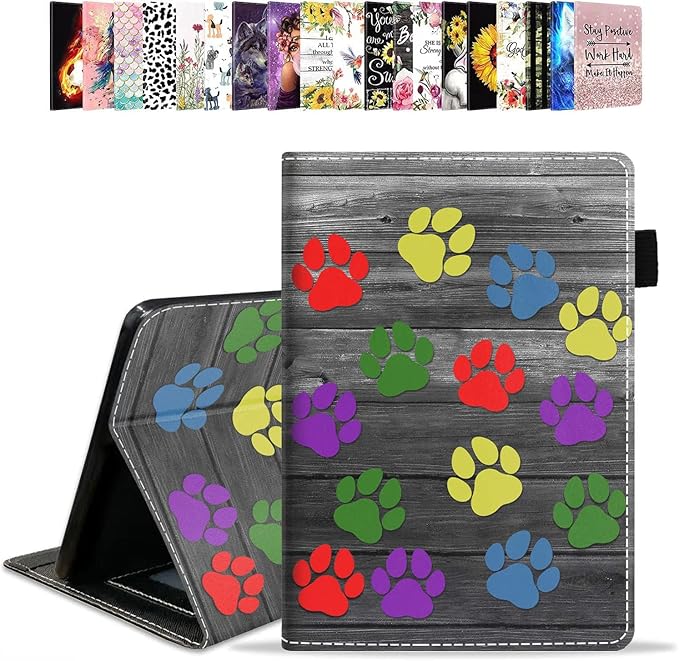 Case for Amazon Kindle Fire HD 10 &amp 10 Plus Tablet 10.1 (13th/11th Generation 2023/2021 Release) - PU Leather Folio Case with Smart Auto Wake/Sleep Colorful Dog Paw Print on Wooden Board