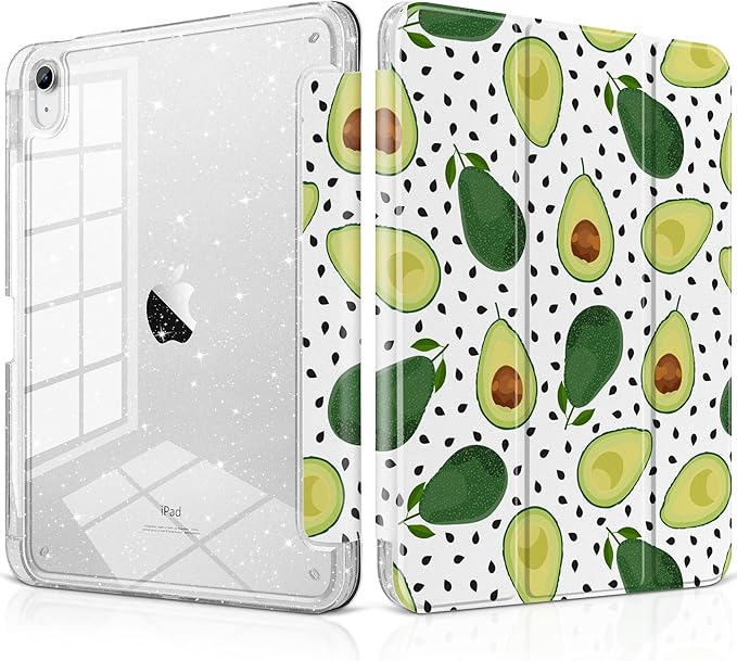 MEEgoodo Case for iPad A16 11th Generation 2025/10th Generation 2022 Glitter Tablet Cases with Transparent Acrylic Back+Trifold Stand +Pencil Holder+Auto Wake/SleepAvocado