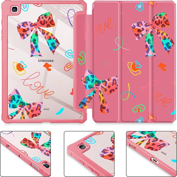 Mektron Case for Samsung Galaxy Tab S6 Lite 10.4 Inch 2024/2022/2020 with S Pen Holder Multi-Angle Viewing with Shockproof Cover Clear Shell + Trifold Stand + Auto Wake/Sleep Neon Bows-Red