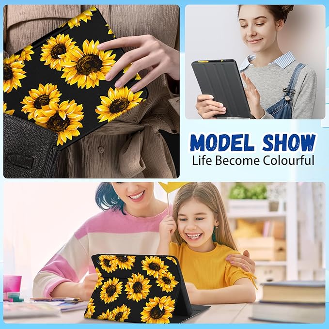for Amazon Kindle Fire HD 8/8 Plus Tablet Case 10th/12th Generation for Women Girls Folio Cover Cute Fashion Design Girly Kawaii Black Sunflower Pretty Teen Cases for Kindle Fire Case 8 Inch