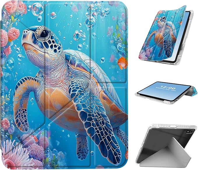 for iPad mini 7 A17 Pro 2024/iPad Mini 6 2021 Case with Pencil HolderFoldable Y-Shaped CoverStylish Clear Multi-Angle Viewing&ampAuto Sleep/Wake Coral Turtle Tablet Case