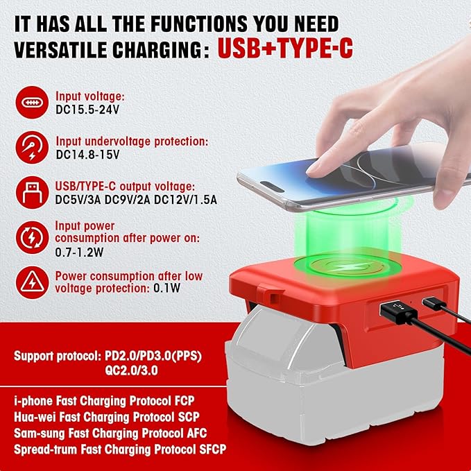 Wireless Charger for Milwaukee M-18 18V Battery15W Max Wireless Charging Adapterwith USB-A&ampUSB-C 2.1A Fast Charge PortsCell Phone Chargers Using Tool Battery