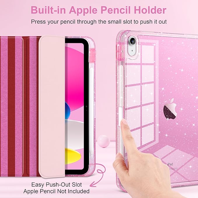 TWOLSKOO Sparkly Case for iPad Pro 11 inch (M5 2025 / M4 2024) Glitter Hard Acrylic Back with Pencil Holder Slim Trifold Stand Folio Cover Auto Sleep/Wake Red Stripes