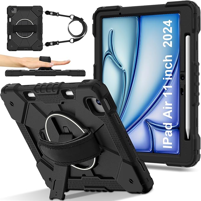 Case for iPad Air 11 Inch (M2) 2024 6th Generation Shockproof Protective With 360 Rotate Kickstand Hand Strap Shoulder Strap Black