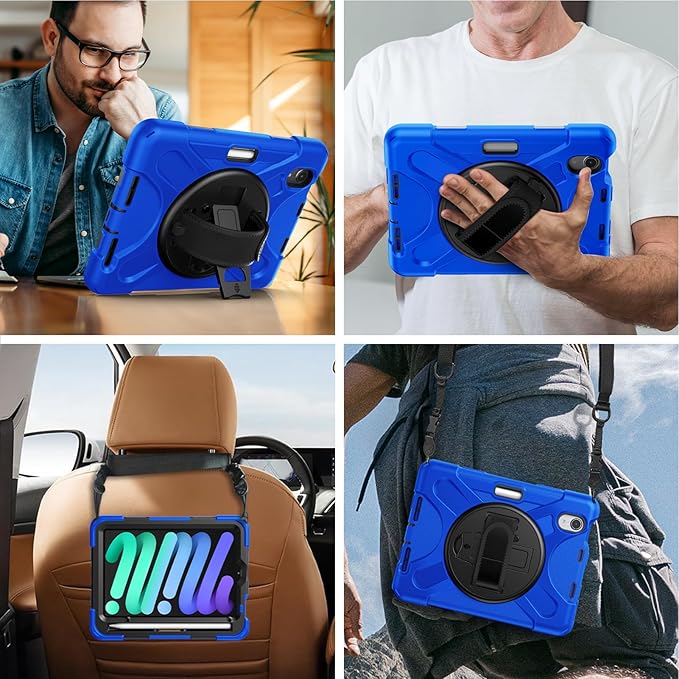 Gerutek Case for iPad mini 7 (A17 Pro) 2024/Mini 6 2021 8.3 inch Shockproof Cover for iPad mini 7/6th Generation with Screen Protector 360° Rotating Stand Hand/Shoulder Strap Pencil Holder Blue