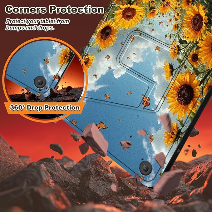 Case for Kindle Fire HD 8 &amp 8 Plus Tablet(12th/10th Gen 2024/2022/2020) 360 Degree Rotating Swivel Stand Flip Cover with Auto Sleep/Wake Sunflower Field