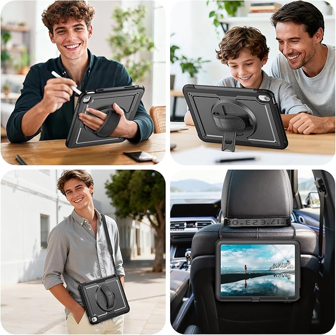 Case for iPad (A16) 11th/10th Generation 11''/10.9'' 2025/2022: Shockproof Protective Case with Hand/Shoulder Strap Pencil Holder Rotate Stand Screen Protector Black