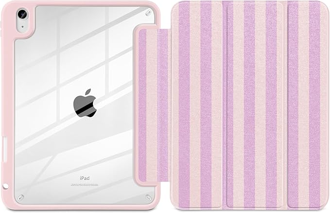 DONGKE Case for iPad (A16) 11th Generation 11 inch 2025 &amp iPad 10th Gen 10.9 inch 2022 [Built-in Pencil Holder] Clear Acrylic Back Trifold Stand Smart Cover Auto Sleep/Wake Pink Stripes