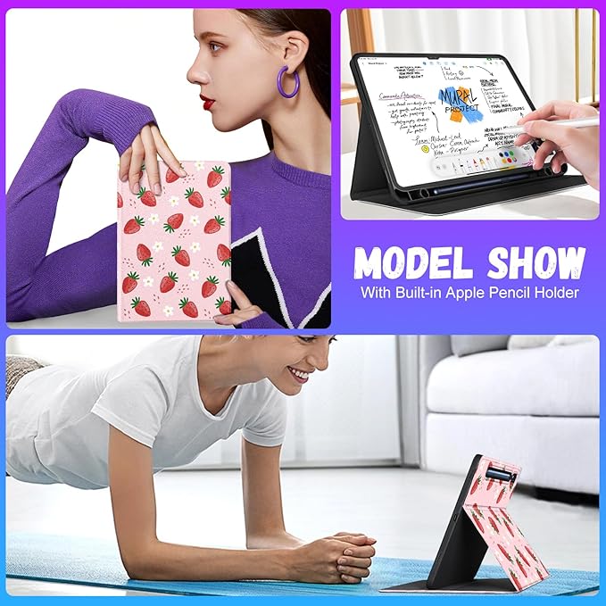 for Samsung Galaxy Tab S9 Plus/S9 FE Plus Case 12.4 Inch 2023 for Women Girls Folio Cover with Pencil Holder Cute Pretty Design Girly Kawaii Strawberry Teens Tablet Cases for Tab S9+/S9 FE+