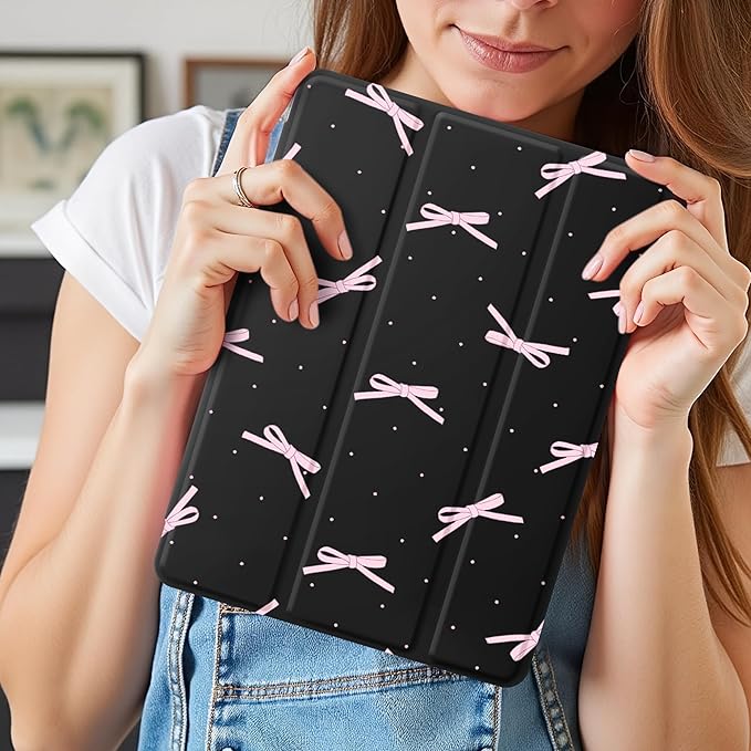 Idocolors Case for iPad 11 inch (A16 Chip) 2025 Generation 11th / iPad 10.9 inch 2022 10th Gen Built-in Pencil Holder with Soft TPU Shockproof Back Shell Auto Wake/Sleep Pink Bow Knot-Black
