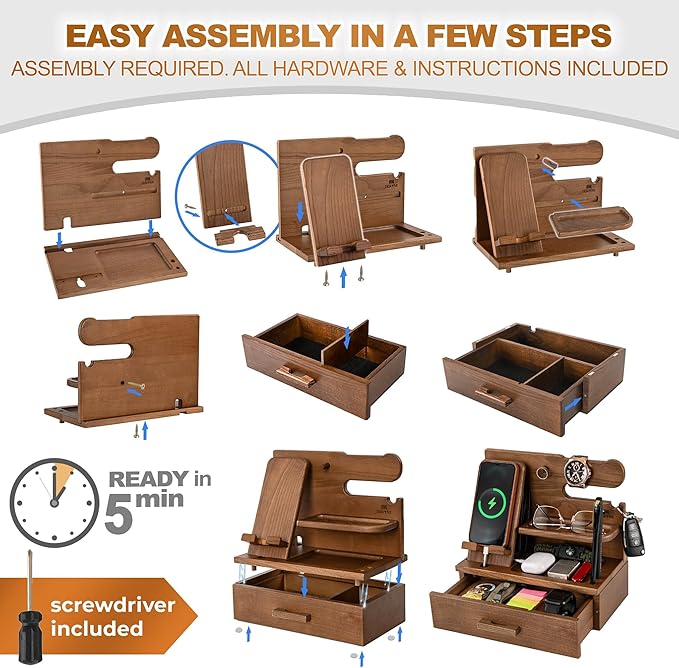 TESLYAR Wood Phone Docking Station with Drawer - Nightstand Organizer - Desk Organizer for Husband - Birthday Gifts for Men Dad Anniversary Idea Key Holder Stand Watch &amp Accessories (Desert Bei