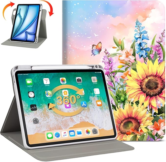 Lokigo Rotating Case for iPad Air 11 M4/M3/M2 (2026/2025/2024) iPad Air 5th/4th Gen (2022/2020) 10.9 Inch iPad Pro 11 Inch (4th/3rd/2nd/1st) 360 Degree Stand Cover with Pencil Holder Sunflower