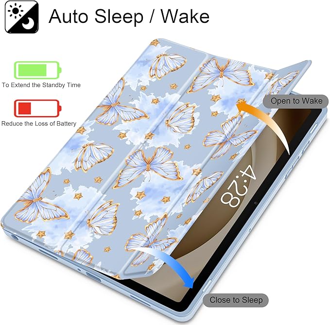 Tuiklol for Samsung Galaxy Tab A9+ Tablet 11” / A9+ Plus 2024 2023Buit-in S-Pen Holder with Clear Protective Cover Transparent Back Shell Auto Wake/Sleep Samsung Tab A9 Plus CoverButterfly Blue