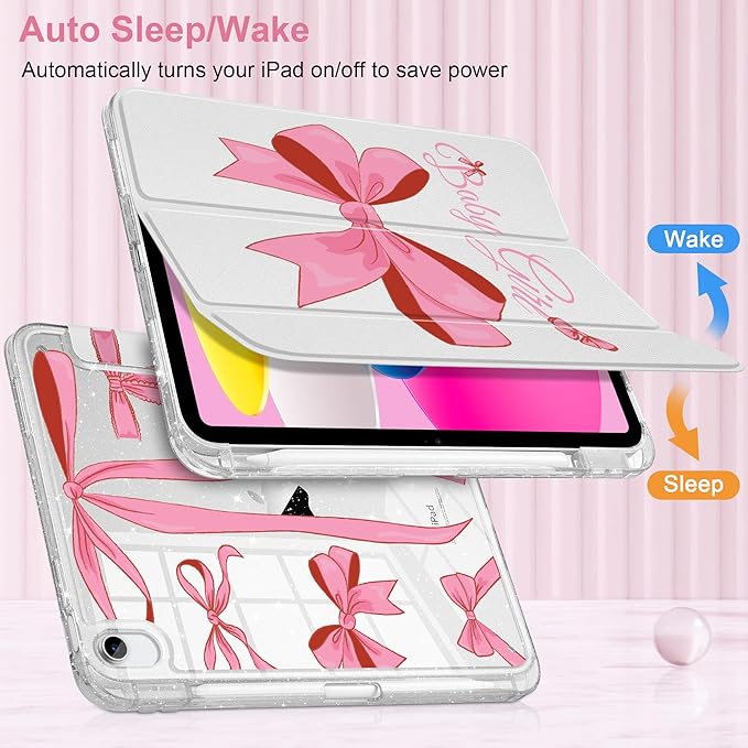 MEEgoodo Case for iPad A16 11th Generation 2025/10th Generation 2022 Glitter Tablet Cases with Transparent Acrylic Back+Trifold Stand +Pencil Holder+Auto Wake/SleepPink Girly Vintage Bows