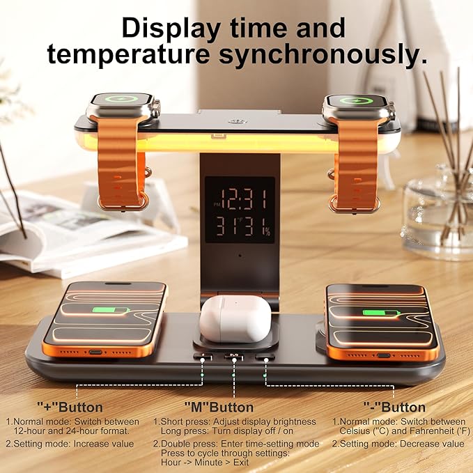 7-in-1 Wireless Charging Station for Apple DevicesDual Phone Charger Stand with Magnetic Charging for iPhone 17-12 Pro MaxDual Watch Charger for iWatch Serieswith AirPods ChargerNight Light&ampCl