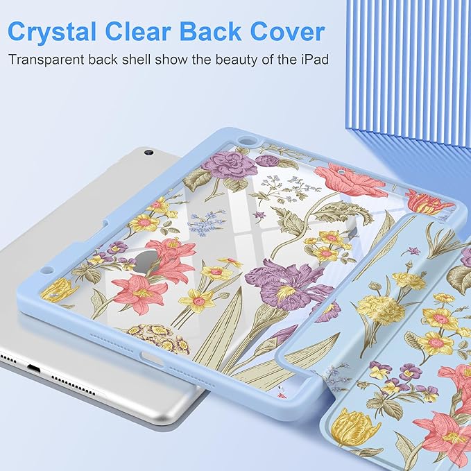 DONGKE for iPad 9th/8th/7th Generation Case 10.2 Inch (2021/2020/2019) [Auto Sleep/Wake &amp Pencil Holder] Clear Acrylic Back Trifold Stand Cover Blue Botanical Floral