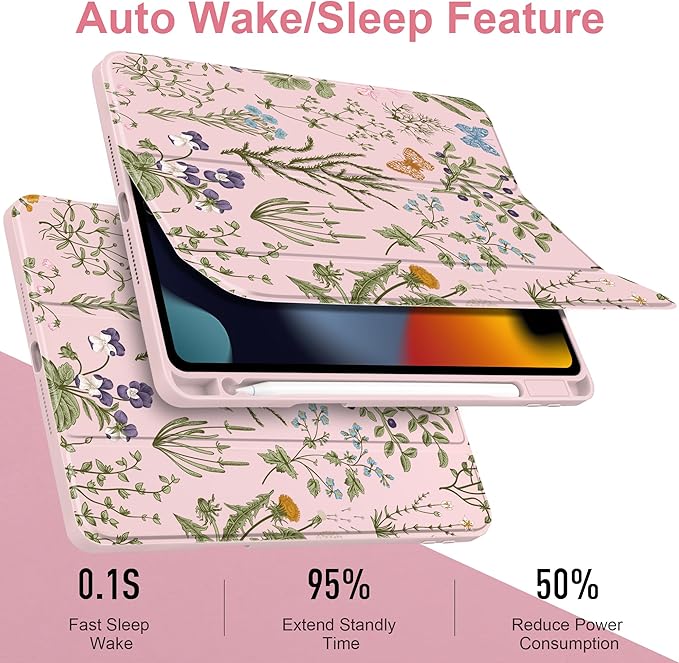 DONGKE for iPad 9th/8th/7th Generation Case 10.2 Inch (2021/2020/2019) [Auto Sleep/Wake &amp Pencil Holder] Clear Acrylic Back Trifold Stand Cover Wildflower &amp Butterfly