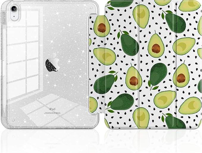 MEEgoodo Case for iPad A16 11th Generation 2025/10th Generation 2022 Glitter Tablet Cases with Transparent Acrylic Back+Trifold Stand +Pencil Holder+Auto Wake/SleepAvocado
