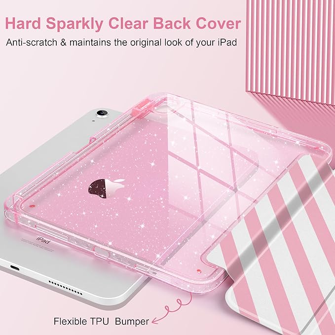 MEEgoodo Case for iPad A16 11th Generation 2025/10th Generation 2022 Glitter Tablet Cases with Transparent Acrylic Back+Trifold Stand +Pencil Holder+Auto Wake/SleepPink and White Stripes